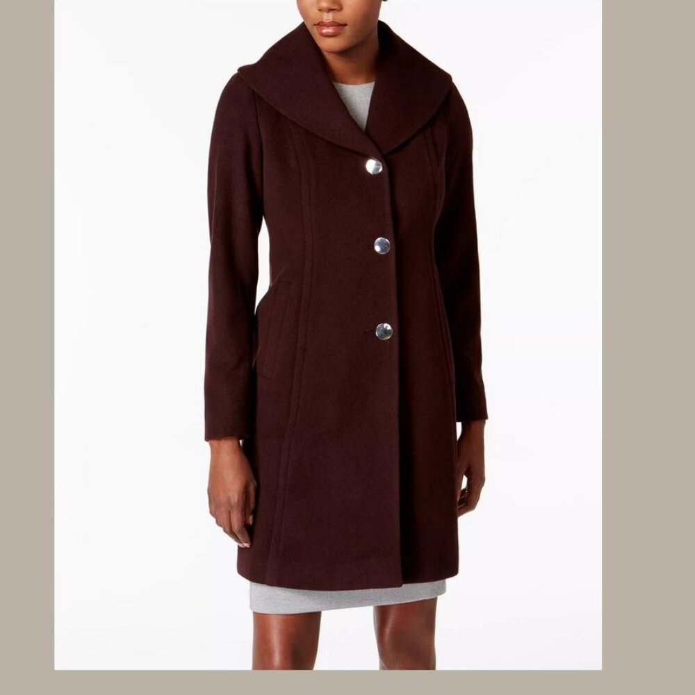 Anne Klein - Size 4 - Women's Shawl Collar Wool Cashmere Blend Coat in Merlot